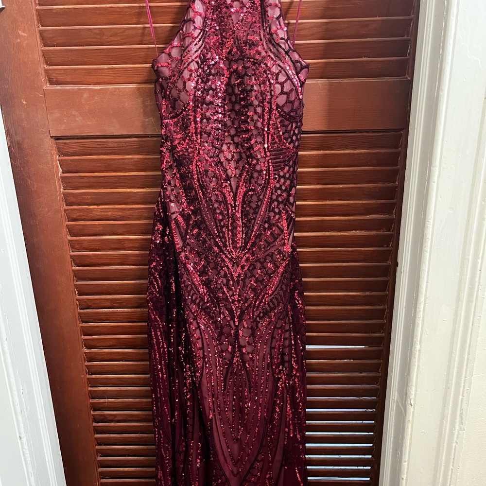 Burgundy sequin dress with cross-cross back